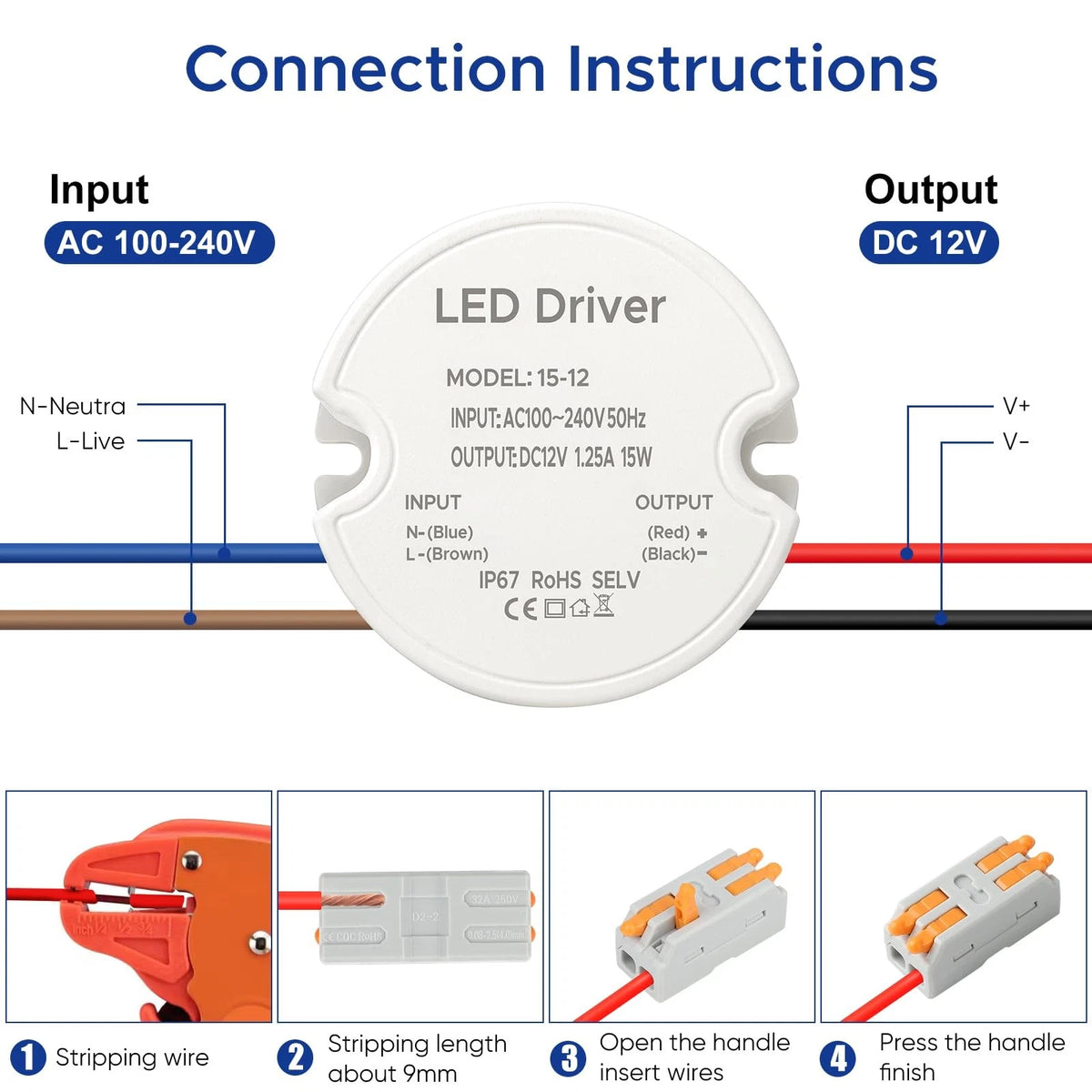 LED Driver 15 Watts Waterproof IP67 Power Supply 12V 1.25A