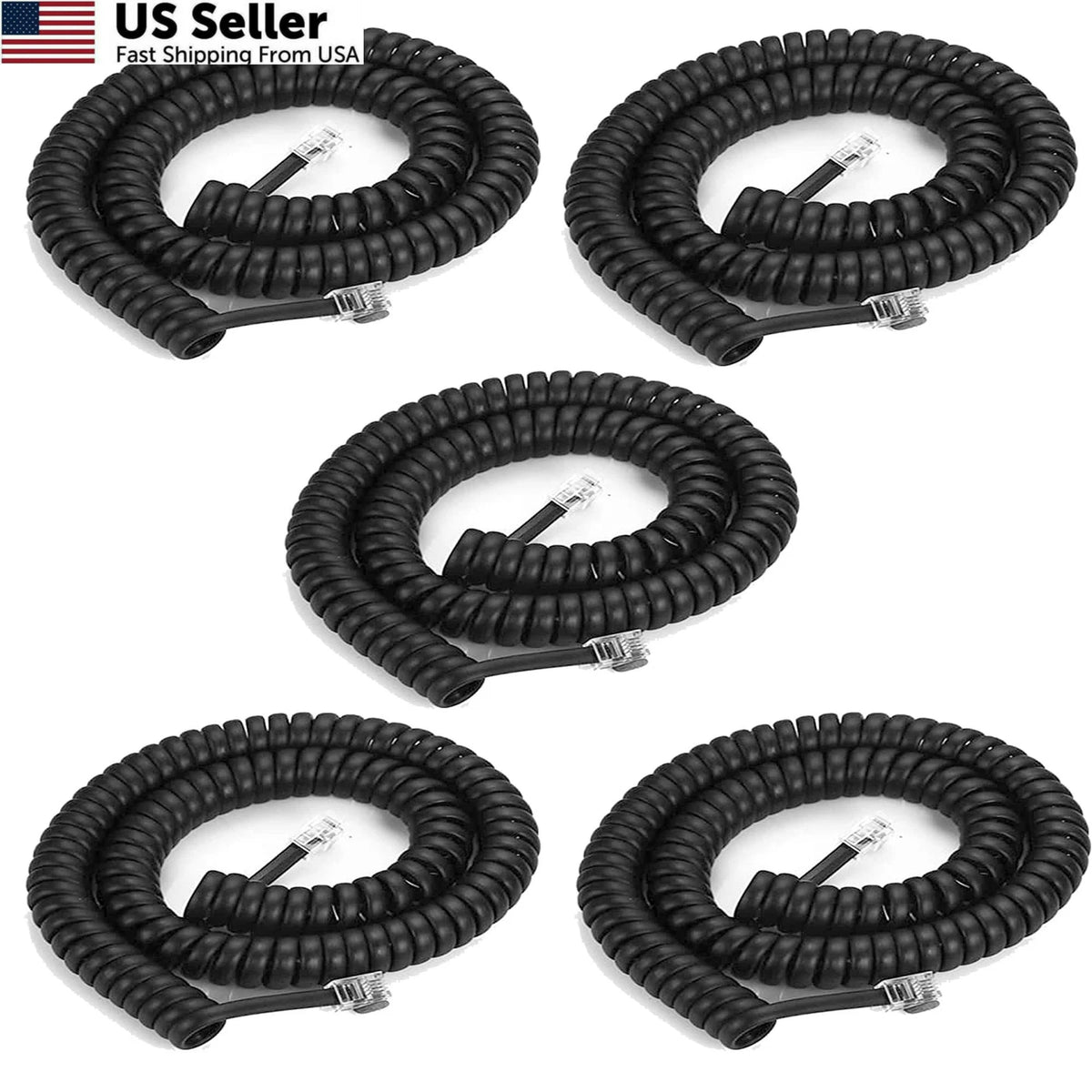 5 Pack Phone Cord for Landline (8Ft Uncoiled / 1.4Ft Coiled) Black