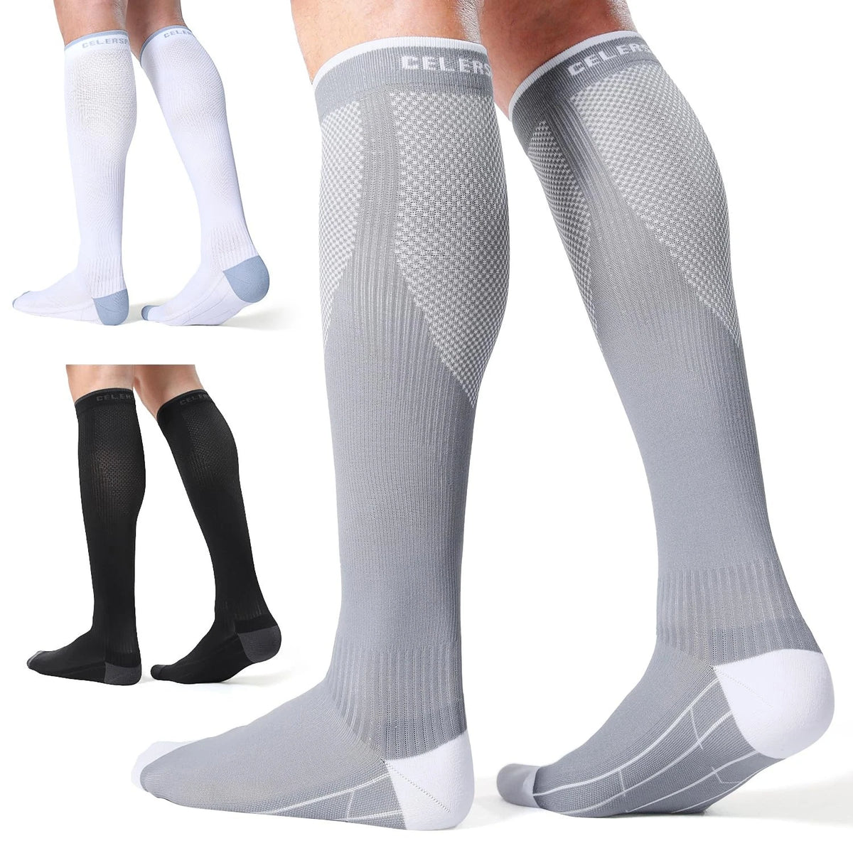 3 Pairs Compression Socks for Small-Medium (Black, White, Grey)