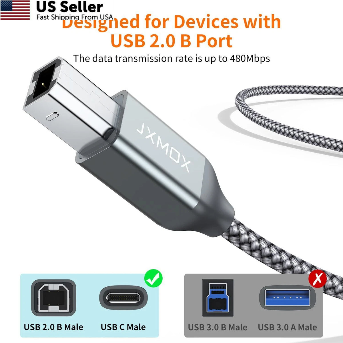 2X USB B to C Printer Cable for Universal Use (6.6ft) Nylon Black