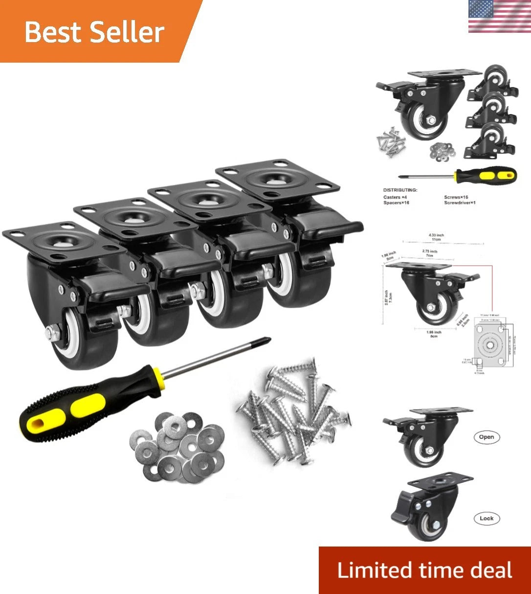 2" Caster Wheels Set of 4 for All Surfaces (Heavy Duty, Quiet Locking)