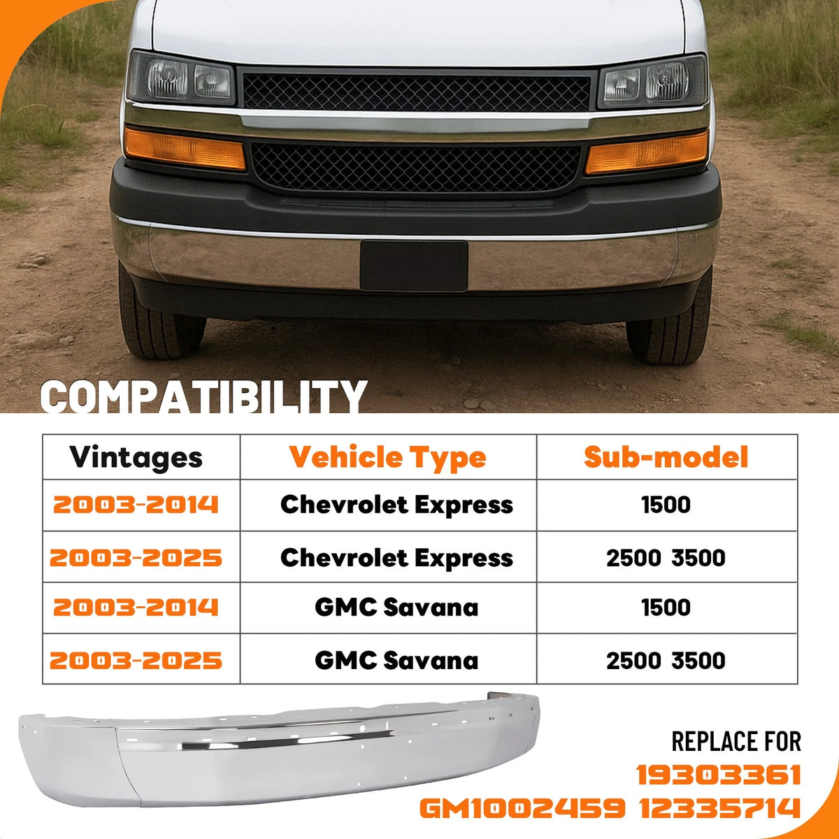 Chrome Front Bumper Face Bar for Chevrolet Express GMC Savana (2003–2025) - CON-A000327, 19303361, GM1002459