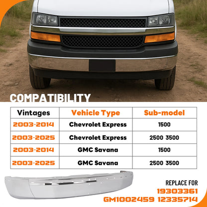 Chrome Front Bumper Face Bar for Chevrolet Express GMC Savana (2003–2025) - CON-A000327, 19303361, GM1002459