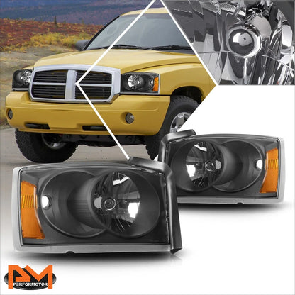 Black Housing Headlights with Amber Corner for 2005-2007 Dakota
