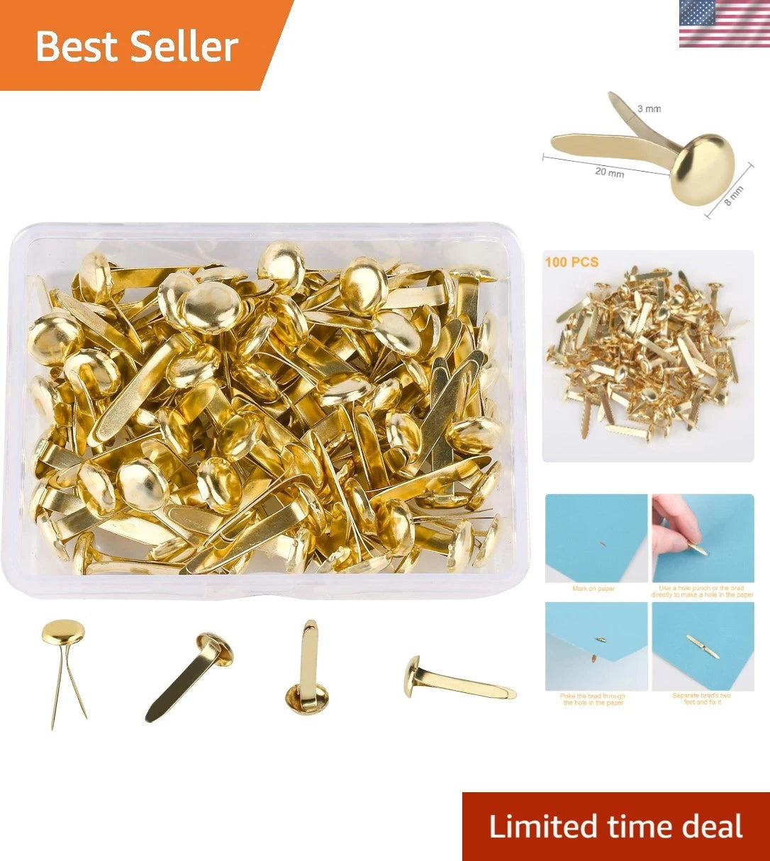 100 PCS Gold Mini Brads for Scrapbooking & Crafts