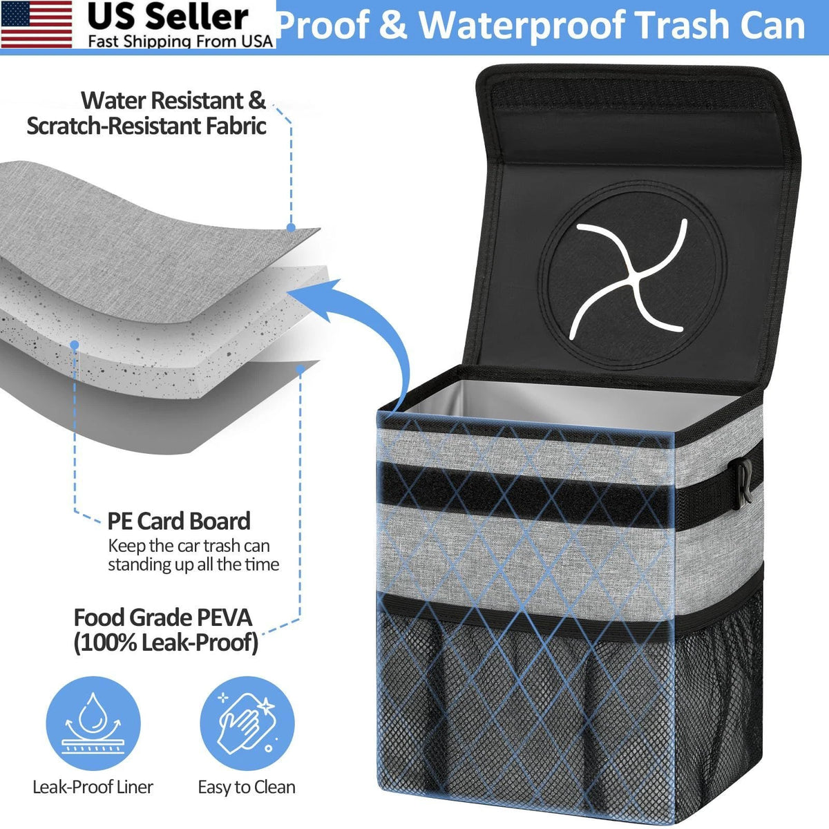 2 Gallon Car Trash Can Bin for Back Seat (Leak Proof, Grey)