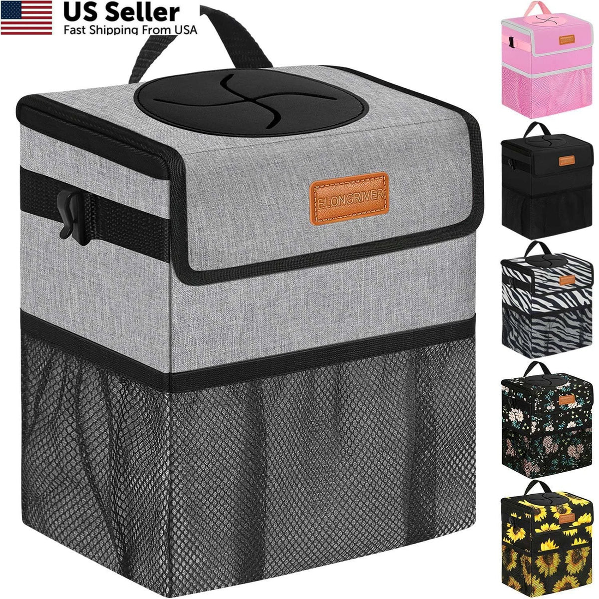 2 Gallon Car Trash Can Bin for Back Seat (Leak Proof, Grey)
