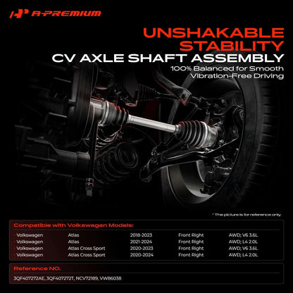 Front Right CV Axle Assembly for Volkswagen Atlas (2018–2024) 3QF407272AE, 3QF407272T, NCV72189