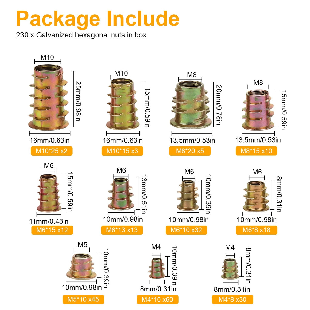 230 PCS Hex Socket Threaded Insert Nuts Kit M4-M10 for Wood Furniture DIY