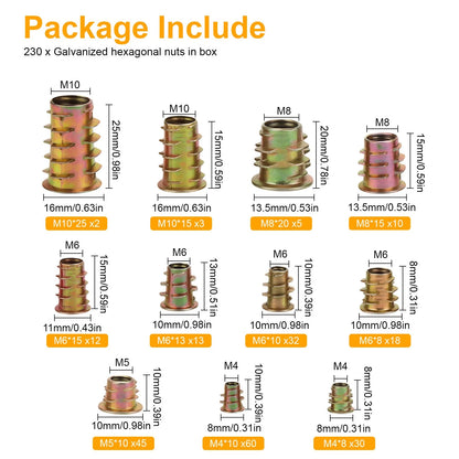 230 PCS Hex Socket Threaded Insert Nuts Kit M4-M10 for Wood Furniture DIY