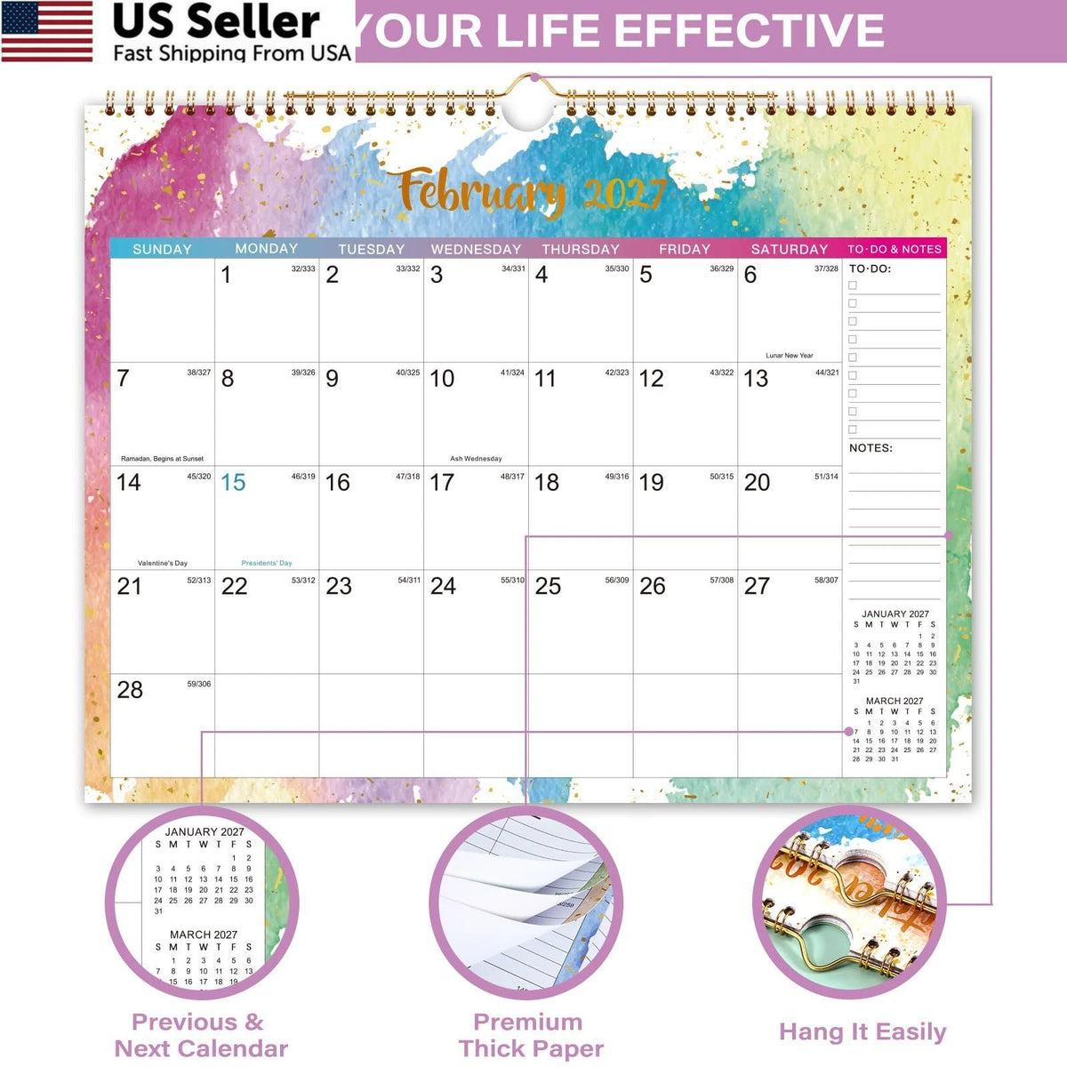 Wall Calendar 2026-2027 - 14.8" x 11.5", White