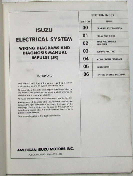 Electrical System Wiring Diagrams & Trouble Shooting Manual for Isuzu Impulse (1986)