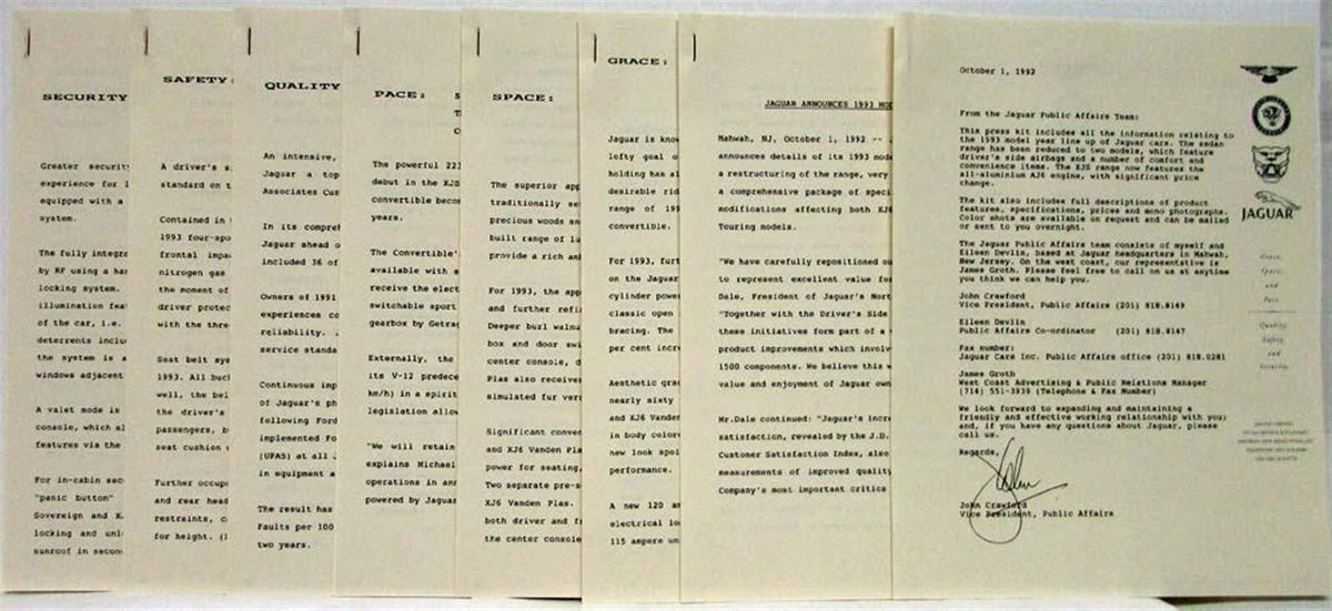 Press Kit for Jaguar XJ6 Vanden Plas XJS (1993)
