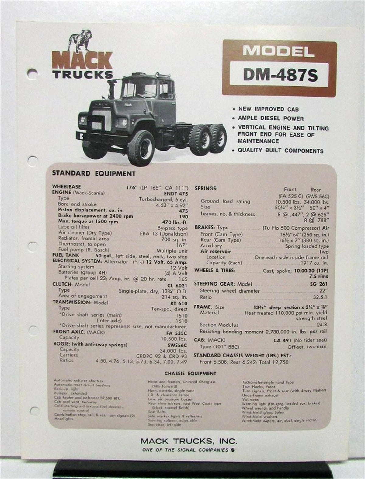 Mack Truck Model DM 487S Specification Sheet (1974)