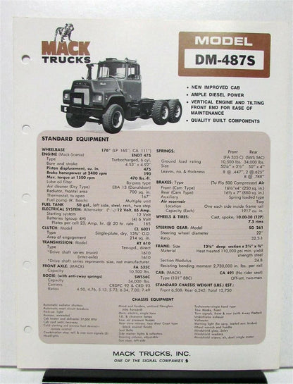 Mack Truck Model DM 487S Specification Sheet (1974)