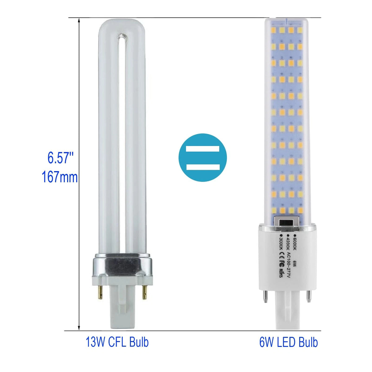2X G23 Base LED Bulbs 13W CFL Equivalent 2-Pin PL Horizontal Light