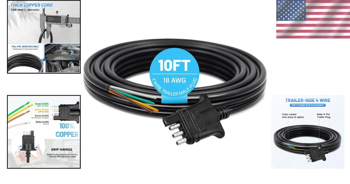 10 Feet Heavy-Duty 4 Pin Trailer Wiring Harness for Easy Use