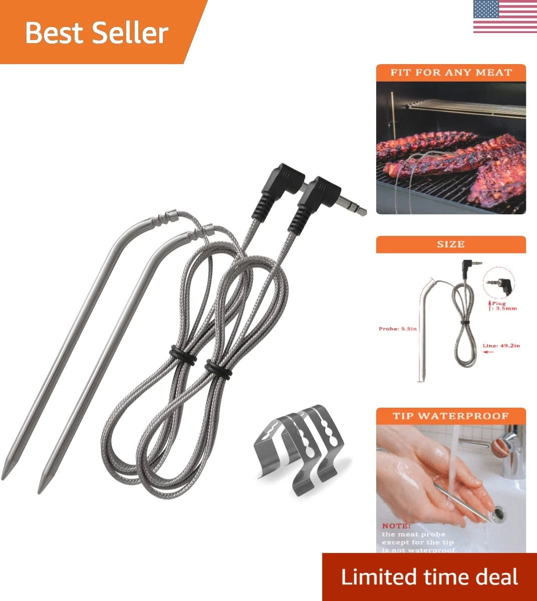 2X Durable Stainless Steel Meat Probes for BBQ (300°C)
