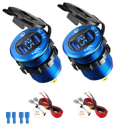 Set of 2 Dual USB Car Cigarette Lighter Socket with LED Voltmeter 12-24V