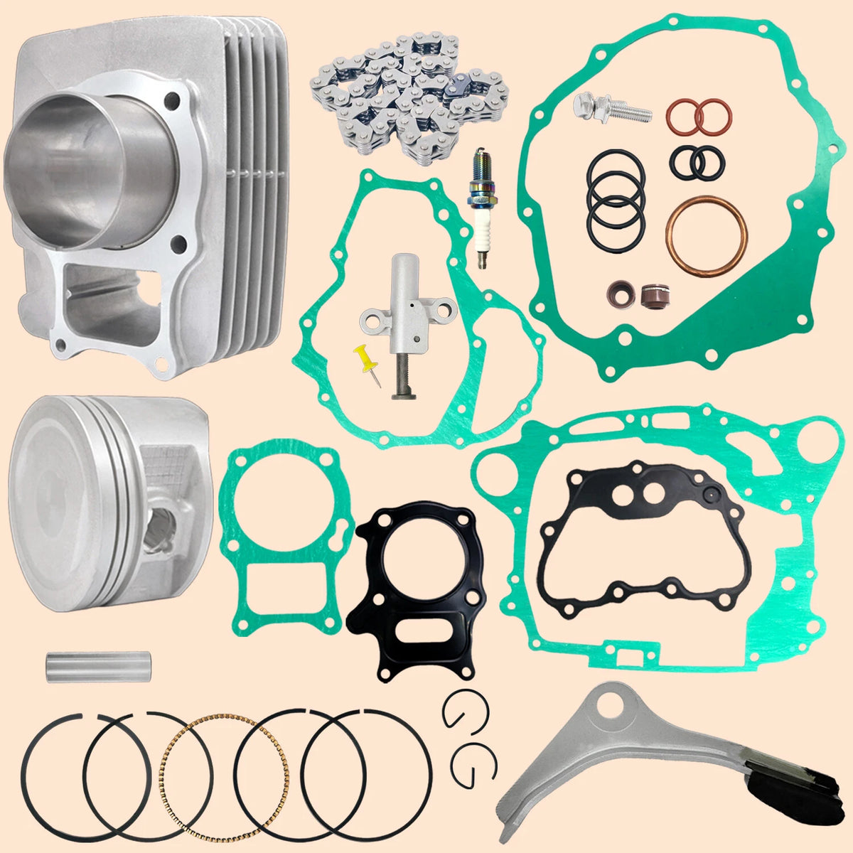 Cylinder Gasket Top End Kit & Tensioner for Honda Recon 250 TRX250TE/TM (1997–2022) - 12100-HN6-000, 12191-HM8-000, 13011-HS0-305, 12315-HN6-010, 14540-HN5-671