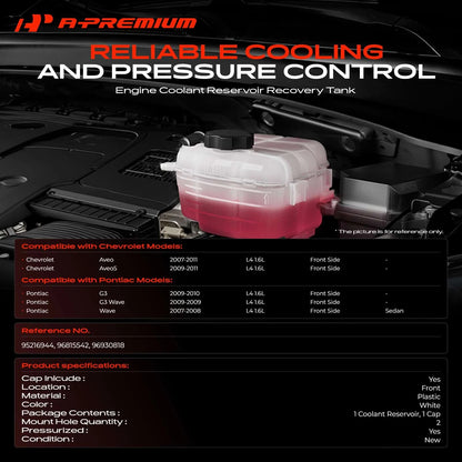 Front Engine Coolant Reservoir Bottle for Chevrolet Aveo (2004–2011) 96930818, 96815542, 95216944, 603-449