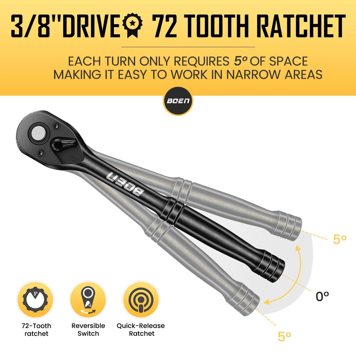 3/8 Inch Drive Ratchet for Universal Use (72-Tooth, Quick-Release, 5-Degree Swing)