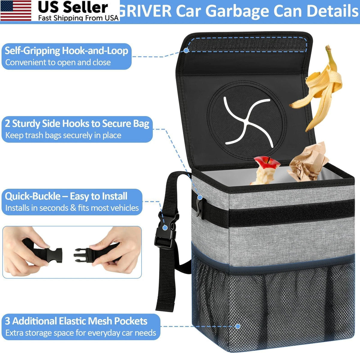 2 Gallon Car Trash Can Bin for Back Seat (Leak Proof, Grey)