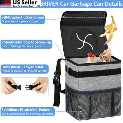 2 Gallon Car Trash Can Bin for Back Seat (Leak Proof, Grey)