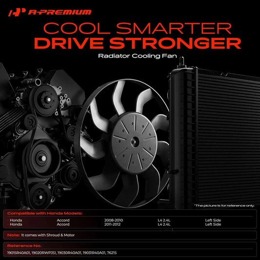 Left Cooling Fan Assembly w/ Shroud for Honda Accord (2008–2012) 19015R40A01, 19031R40A01, 19020RWPJ51