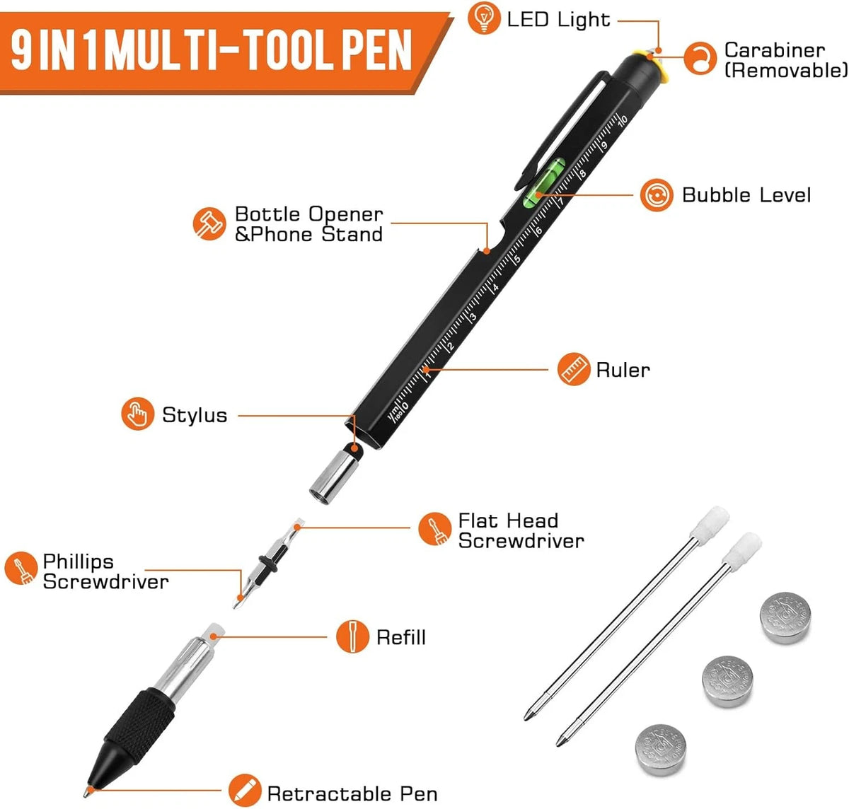 9 in 1 Multitool Pen for Men, Dad, Husband - Cool Gadget Gift
