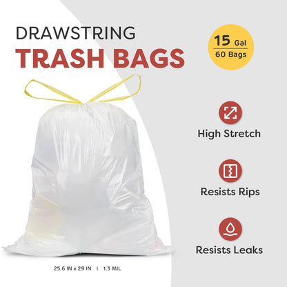 15 Gallon Drawstring Trash Bags, 1.3 Mil Ultra Thick (Set of 50)