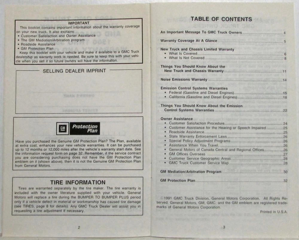 Warranty and Owner Assistance Information for GMC Truck and Chassis 1500-3500 (1992)