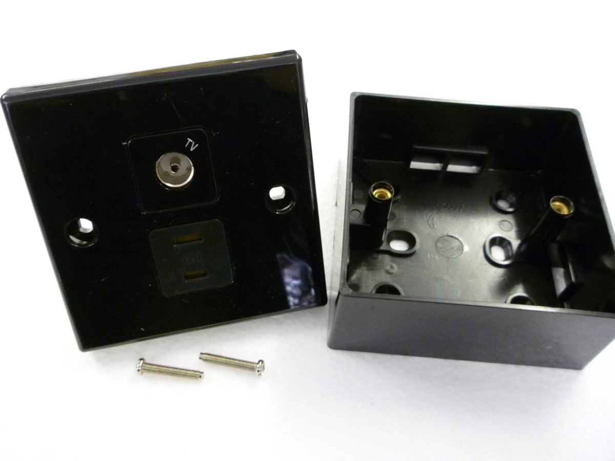 12V Black Socket & Surface Mounting Box for Caravan, Motorhome, Boat