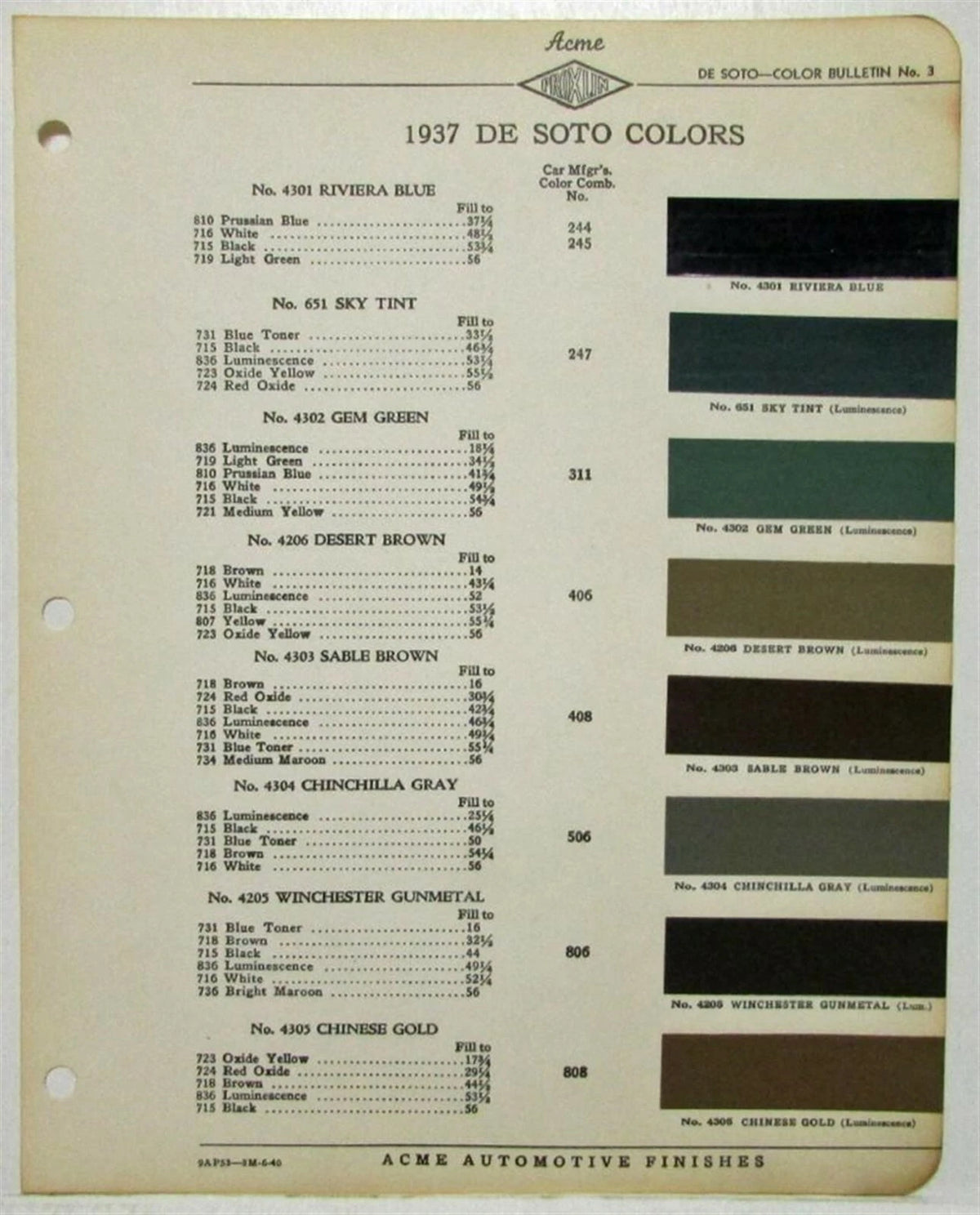 Color Paint Chips for 1937 DeSoto