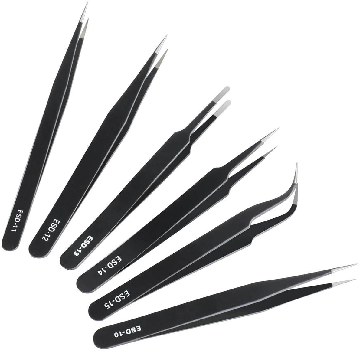 6 Pcs Precision Anti-Static ESD Curved Tweezers Set for Electronics