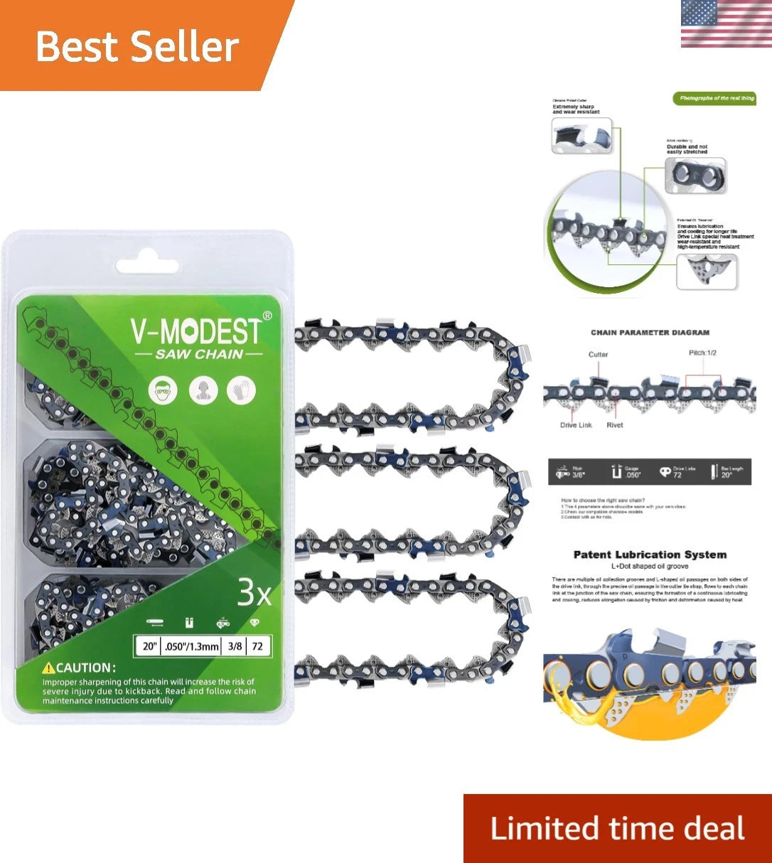 20" Chainsaw Chains - 72 Links .050" Gauge, Full Chisel Type