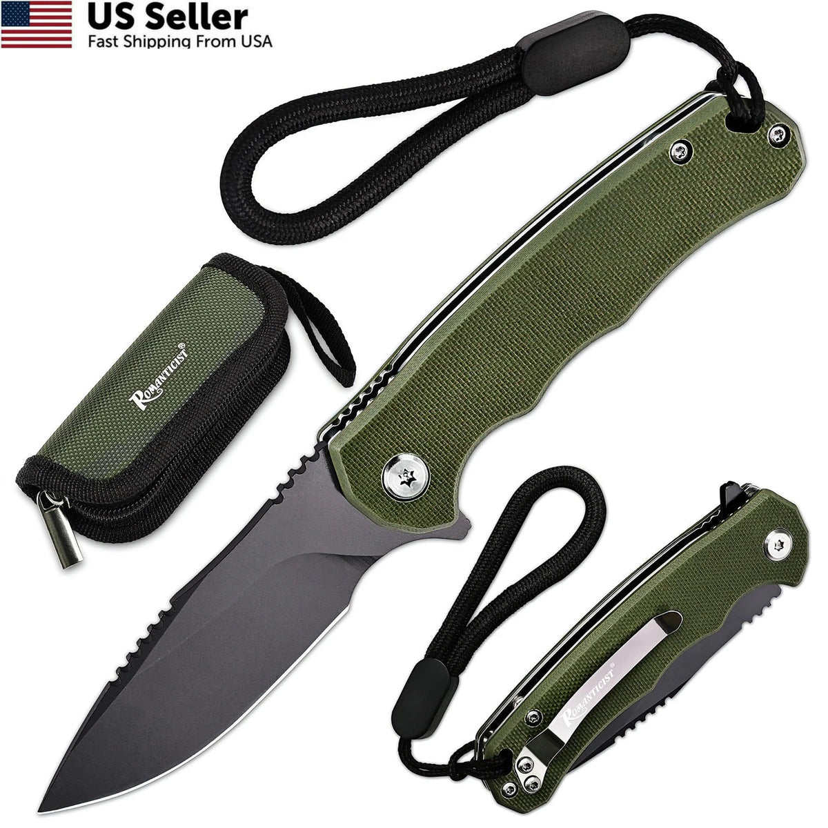 Folding Pocket Knife with 3.15" D2 Steel Blade & Non-Slip G10 Green