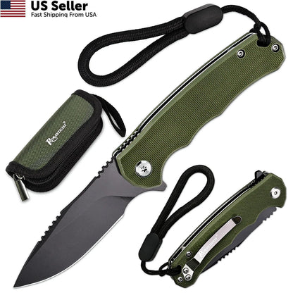 Folding Pocket Knife with 3.15" D2 Steel Blade & Non-Slip G10 Green