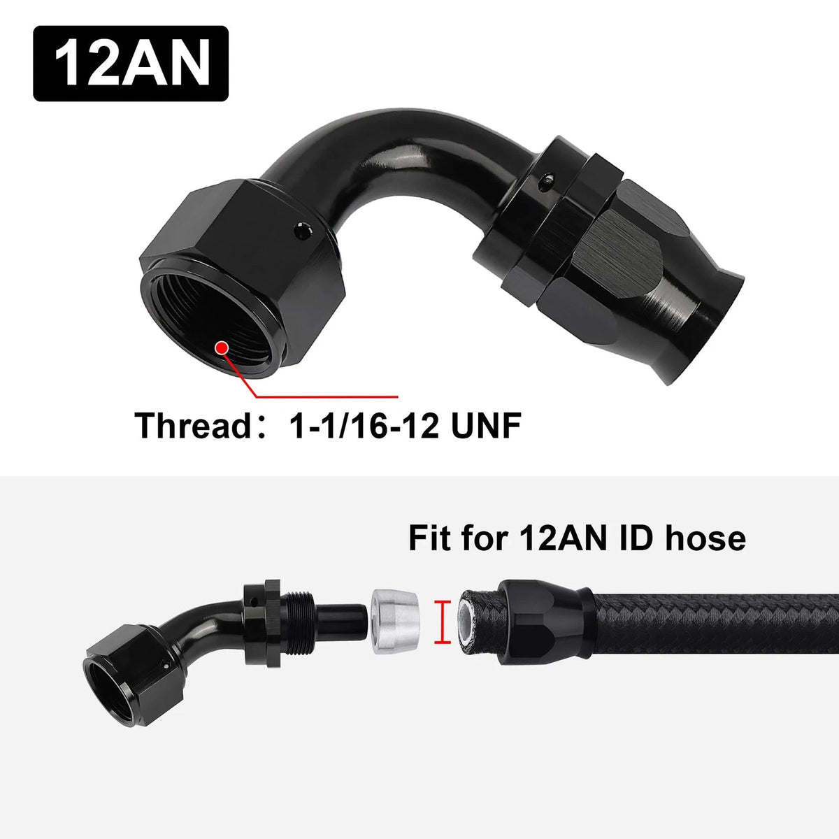 2X 90 Degree 12AN PTFE Hose End Fitting Black for Performance Hoses