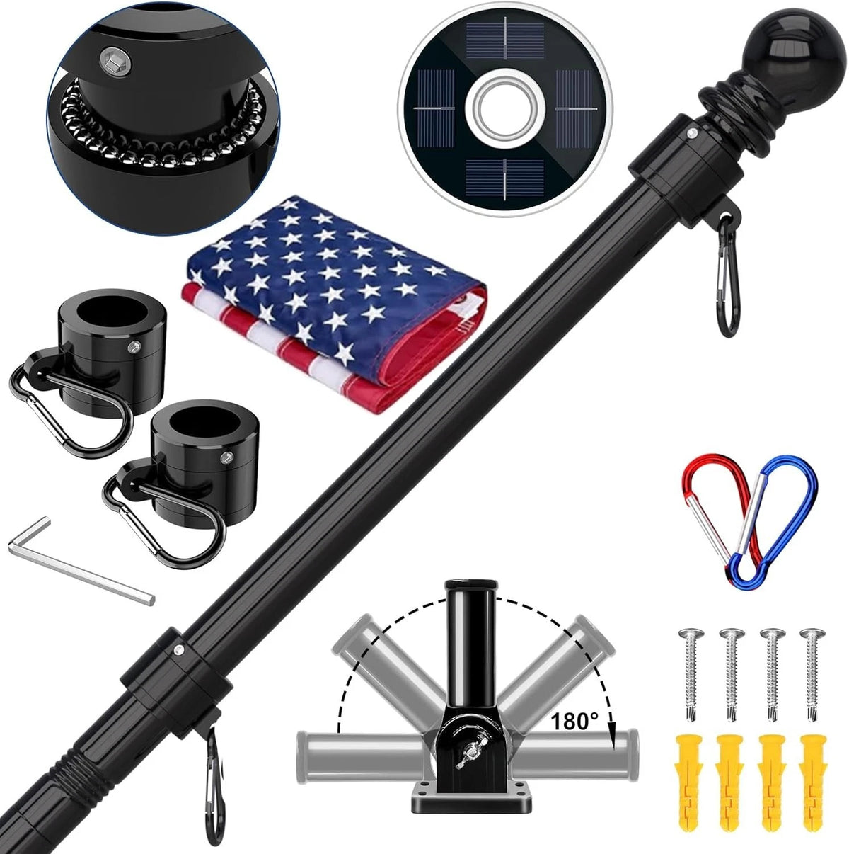 5FT Complete Flag Pole Kit with Solar Light & American Flag