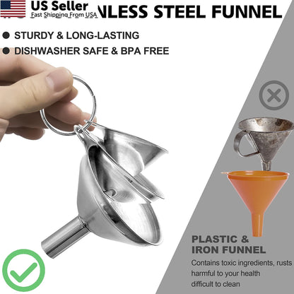 3X Stainless Steel Mini Kitchen Funnel Set for