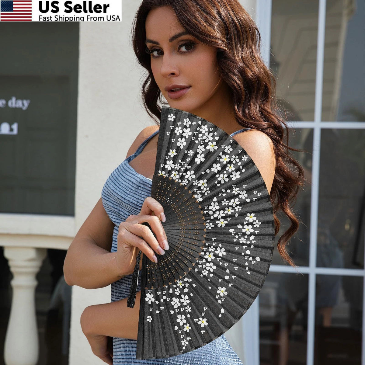 Folding Handheld Fan for Women - Black-Sakura