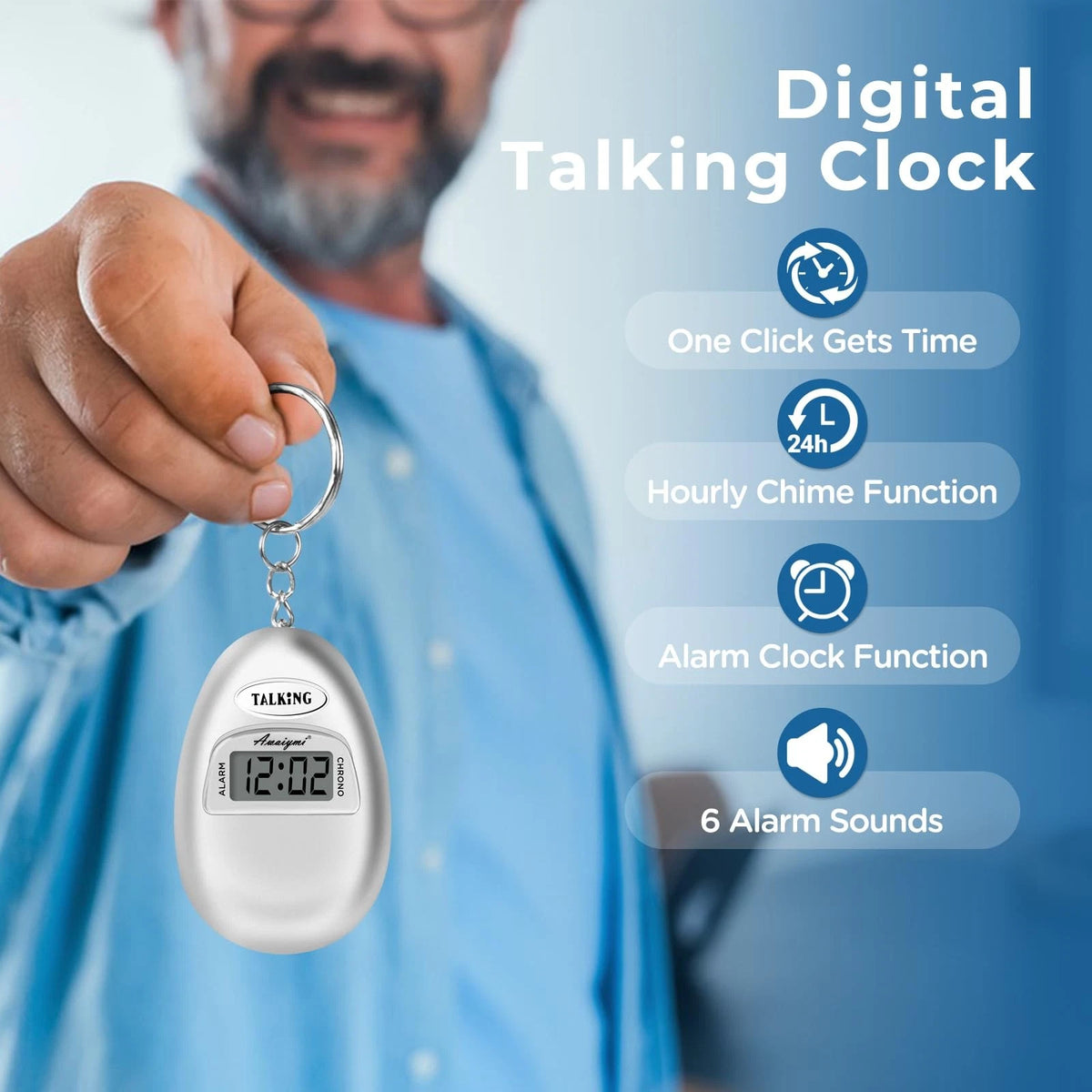 2X Talking Clock Keychain Alarm for Blind (Small, Silver)
