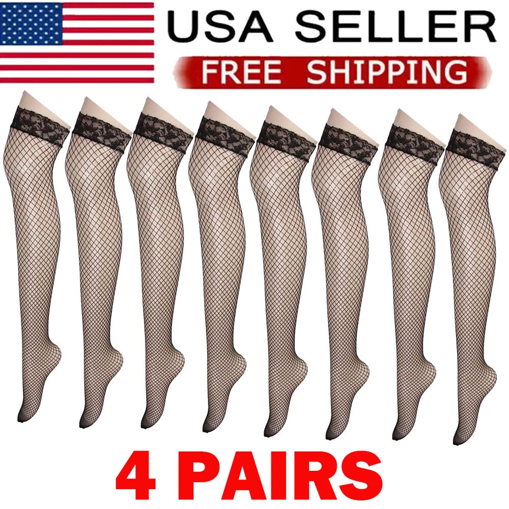 4Pair Black Lace Mesh Fishnet Stockings for Women (USA)