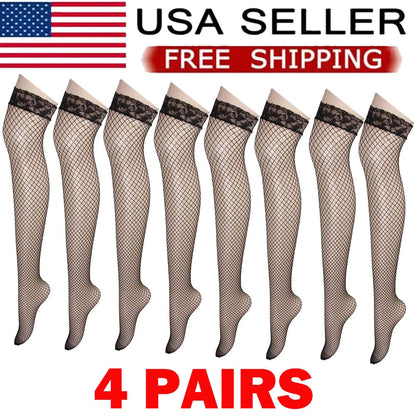 4Pair Black Lace Mesh Fishnet Stockings for Women (USA)