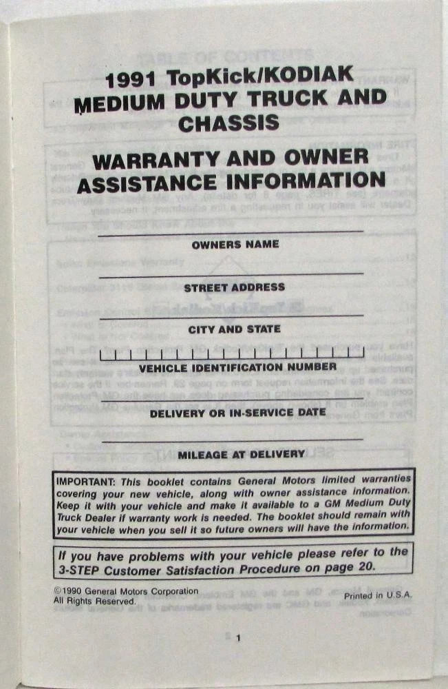 Warranty and Owner Assistance Information for GMC TopKick (1991)