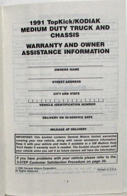 Warranty and Owner Assistance Information for GMC TopKick (1991)