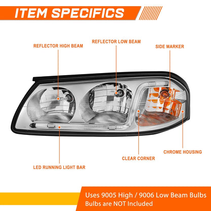 Chrome Housing LED DRL Headlights for Chevy Impala 2000-2005