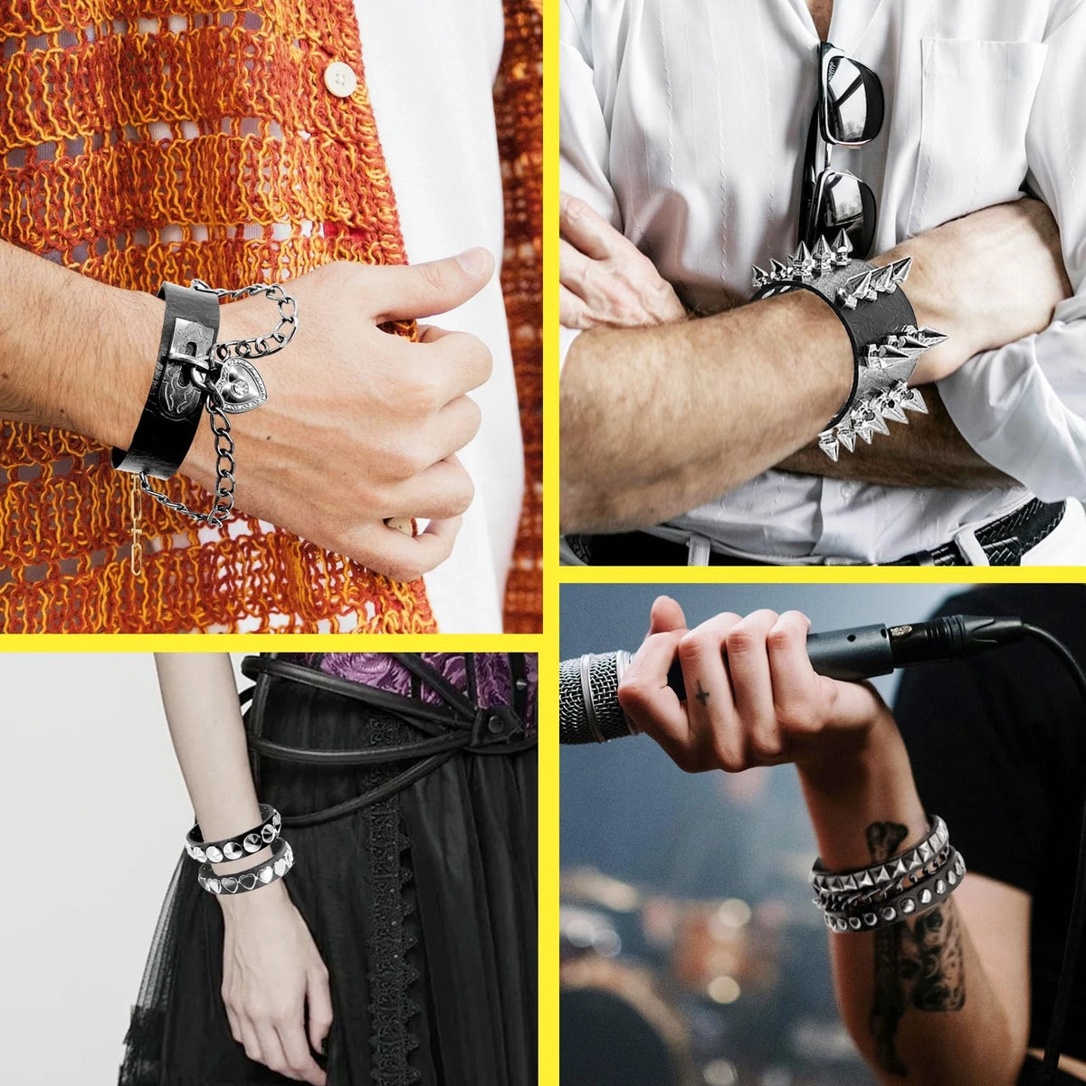 8 Pack Studded Punk Bracelets Faux Leather Spike Wristbands Emo Rock Style