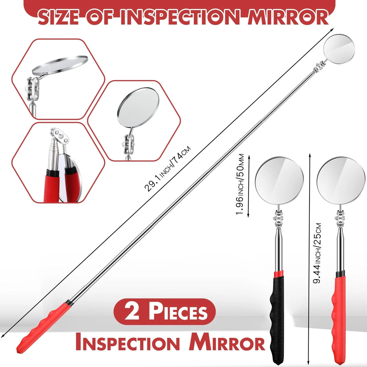 2 Telescoping Inspection Mirrors for Mechanics (50mm Round)